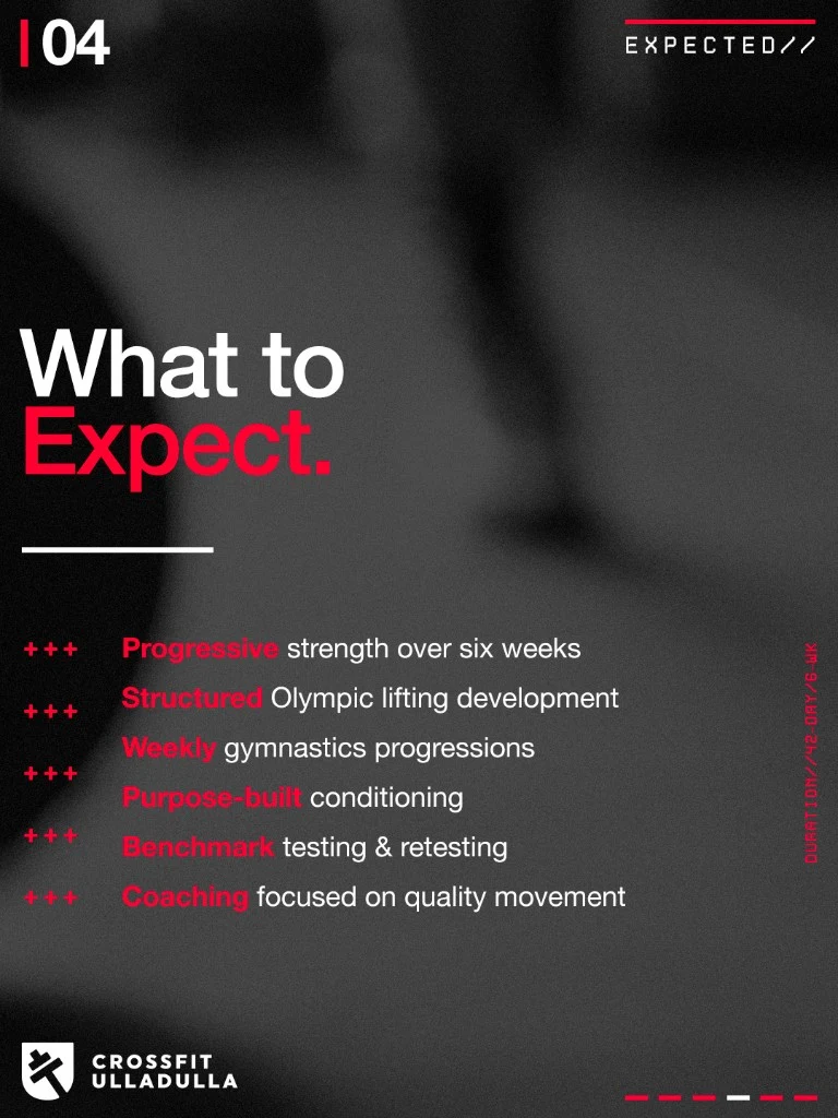 What to expect — progressive strength, Olympic lifting, gymnastics, conditioning, benchmarks and coaching