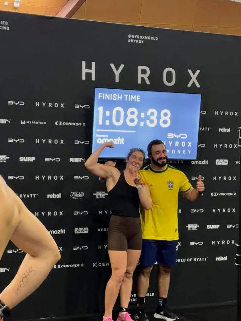 CrossFit Ulladulla athlete celebrating a 1:08:38 finish at HYROX Sydney 2026
